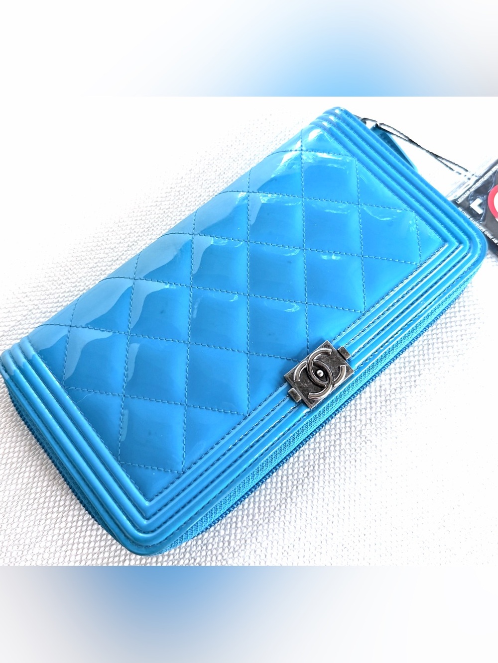 CHANEL RARE Electric Blue Patent Boy Zip Around Long Wallet COA